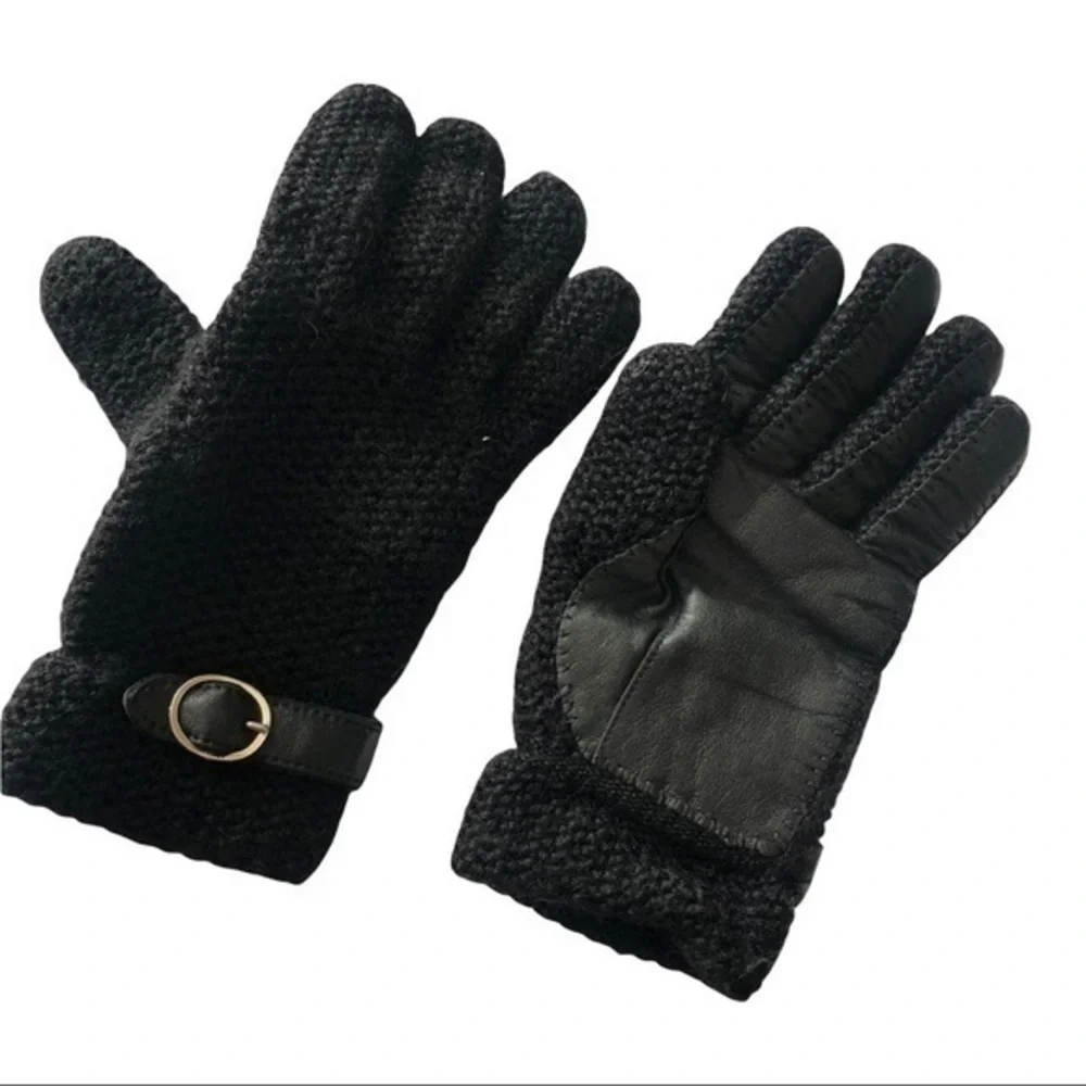Women Black Wool Knit Leather Glove